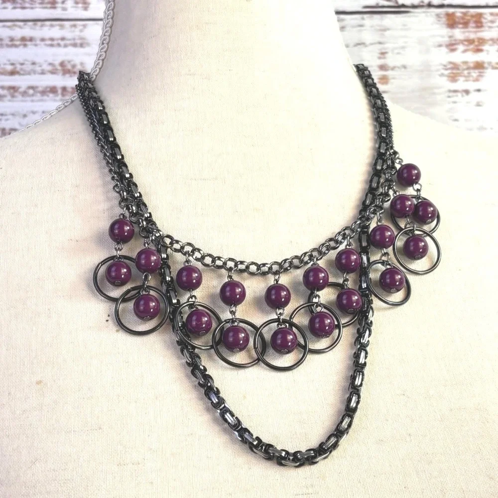 Goth Grunge Vintage Bib Necklace Set Purple Gunmetal Metal Beads Witchy Alt
